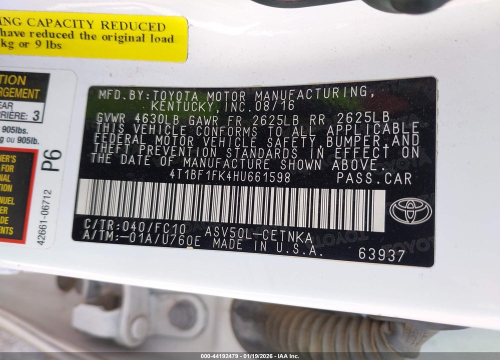 2017 TOYOTA CAMRY LE VIN: 4T1BF1FK4HU661598