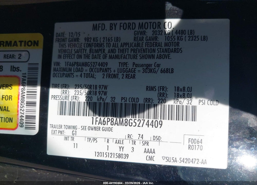 2016 FORD MUSTANG V6 VIN: 1FA6P8AM8G5274409