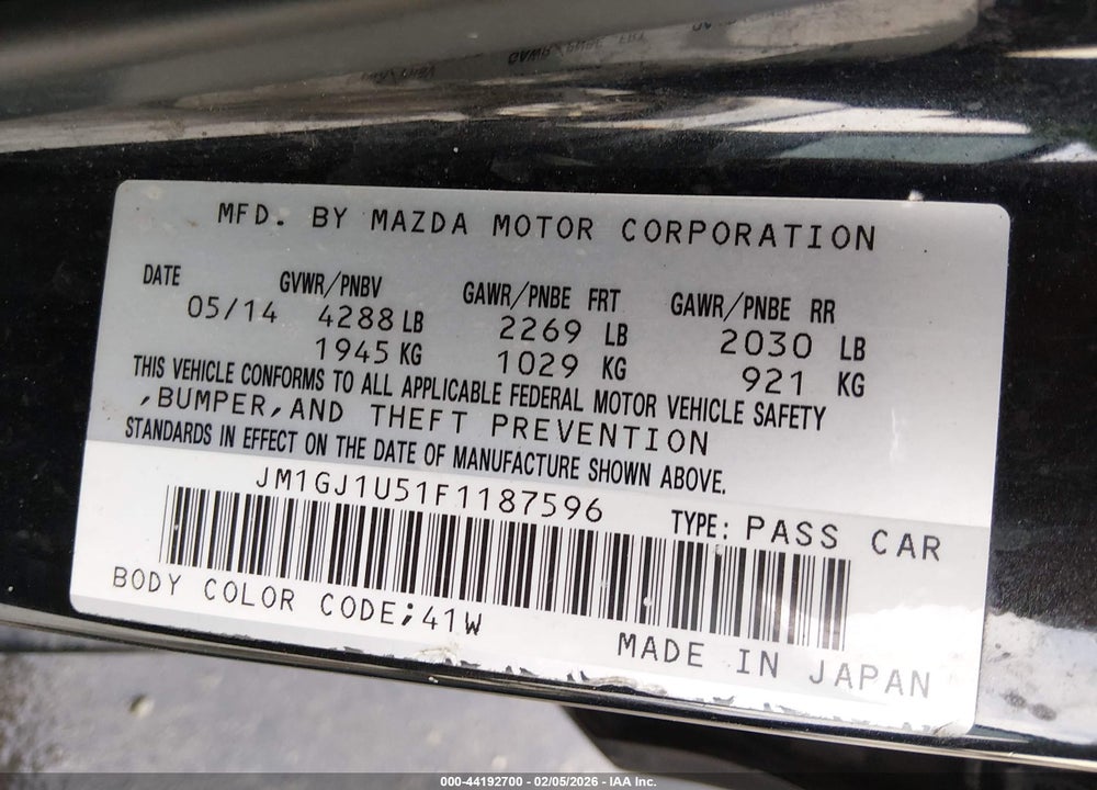 2015 MAZDA 6 I SPORT VIN: JM1GJ1U51F1187596