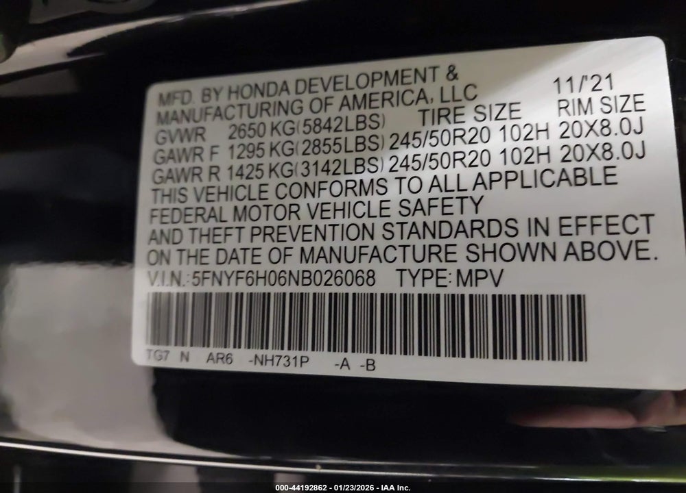 2022 HONDA PILOT AWD ELITE VIN: 5FNYF6H06NB026068