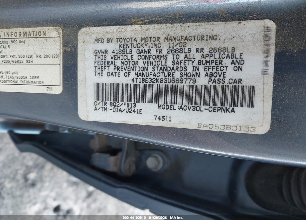 2003 TOYOTA CAMRY LE VIN: 4T1BE32K83U669779