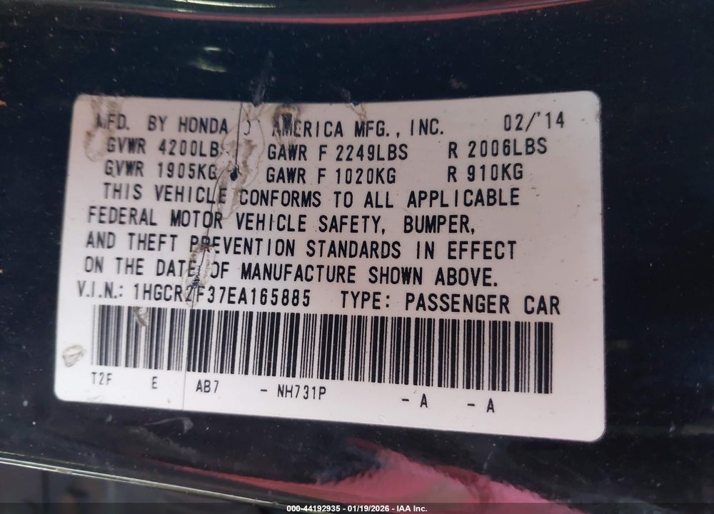 2014 HONDA ACCORD LX VIN: 1HGCR2F37EA165885