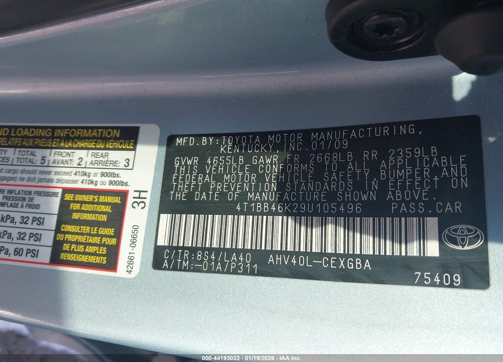 2009 TOYOTA CAMRY HYBRID VIN: 4T1BB46K29U105496