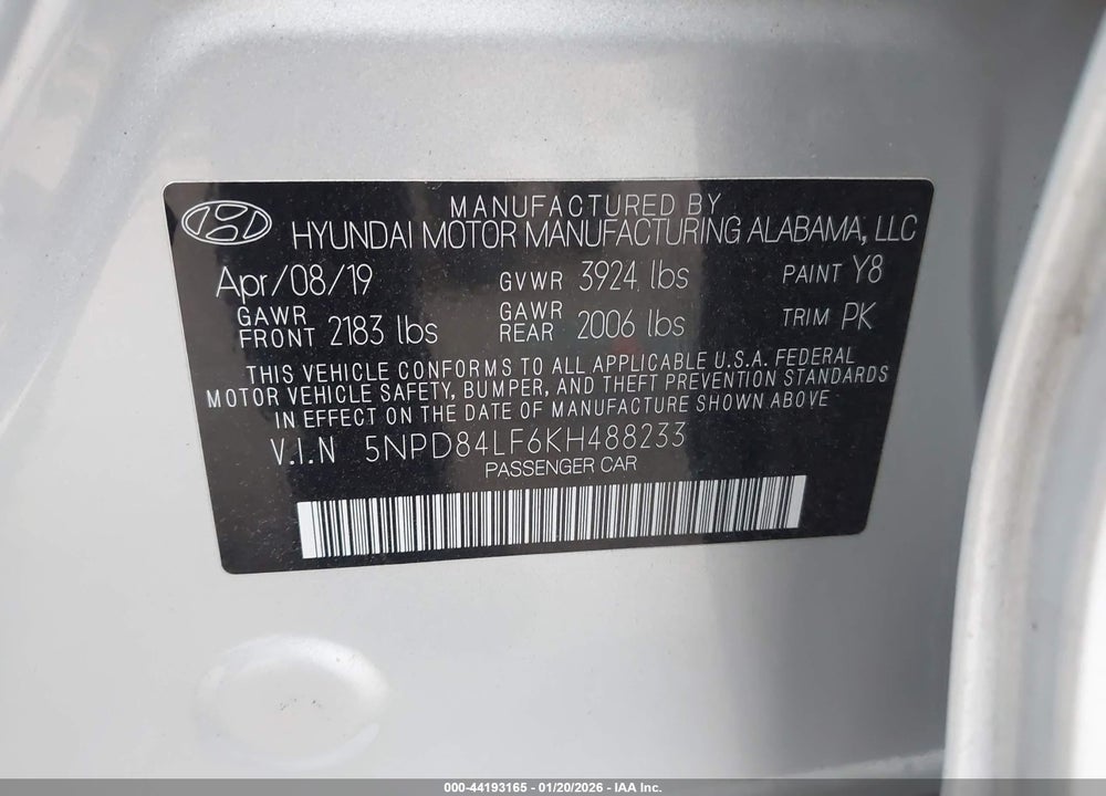 2019 HYUNDAI ELANTRA SEL VIN: 5NPD84LF6KH488233