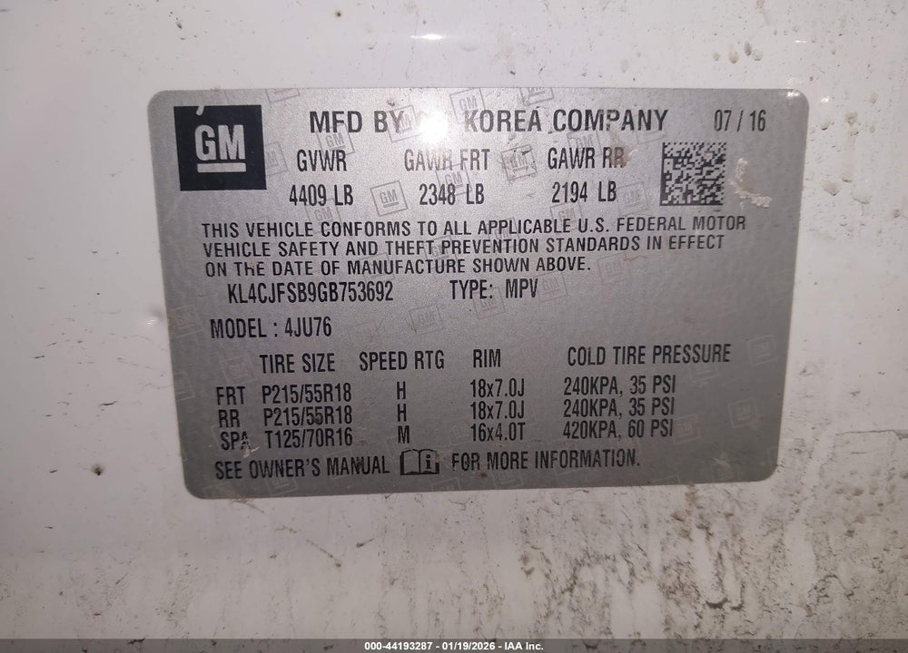 2016 BUICK ENCORE CONVENIENCE VIN: KL4CJFSB9GB753692