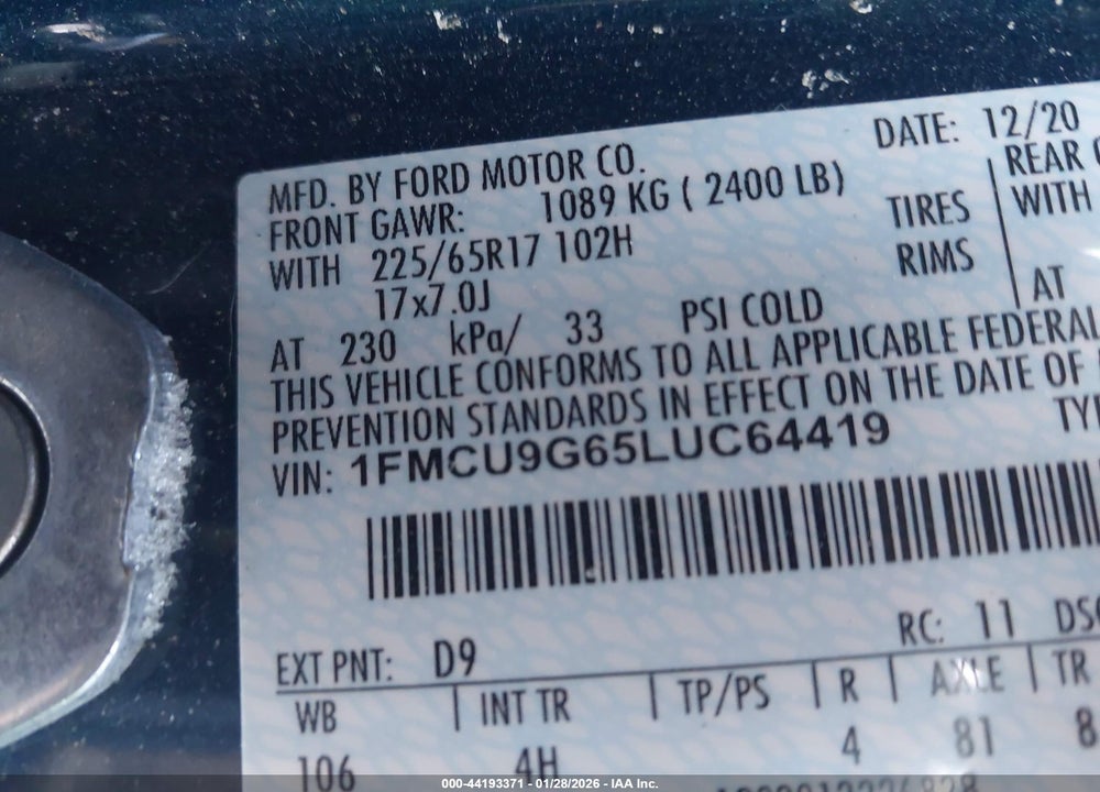 2020 FORD ESCAPE SE VIN: 1FMCU9G65LUC64419