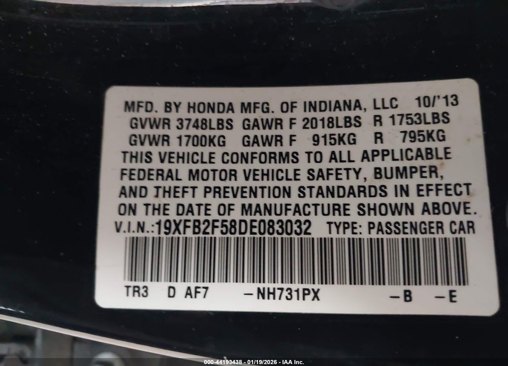 2013 HONDA CIVIC LX VIN: 19XFB2F58DE083032