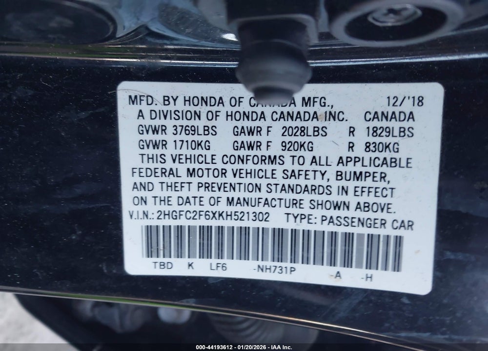 2019 HONDA CIVIC LX VIN: 2HGFC2F6XKH521302