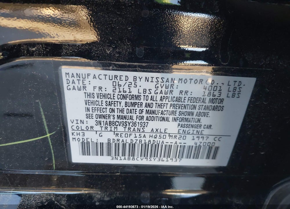 2025 NISSAN SENTRA SV VIN: 3N1AB8CV9SY361937