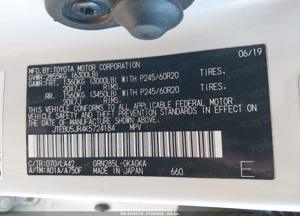 2019 TOYOTA 4RUNNER LIMITED VIN: JTEBU5JR4K5724184