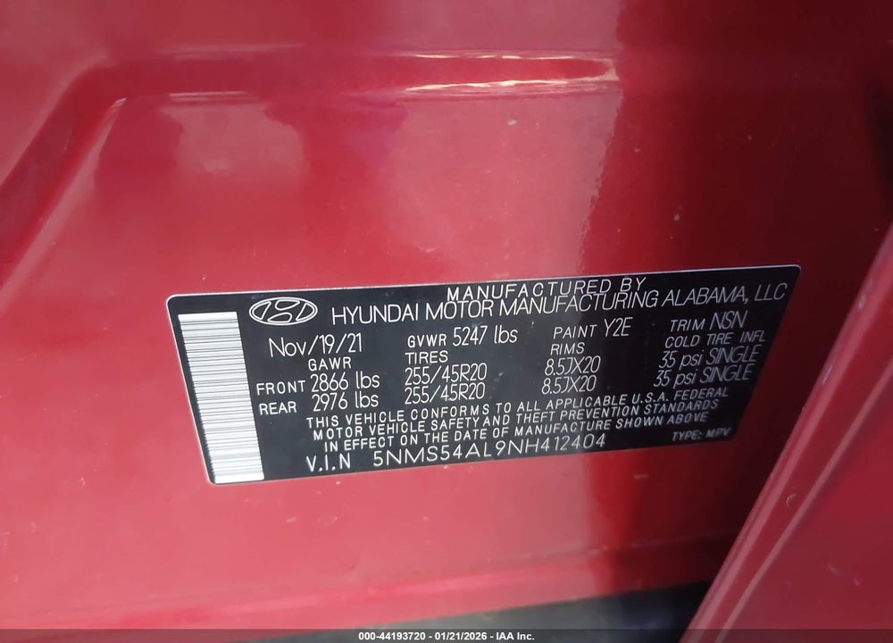 2022 HYUNDAI SANTA FE CALLIGRAPHY VIN: 5NMS54AL9NH412404