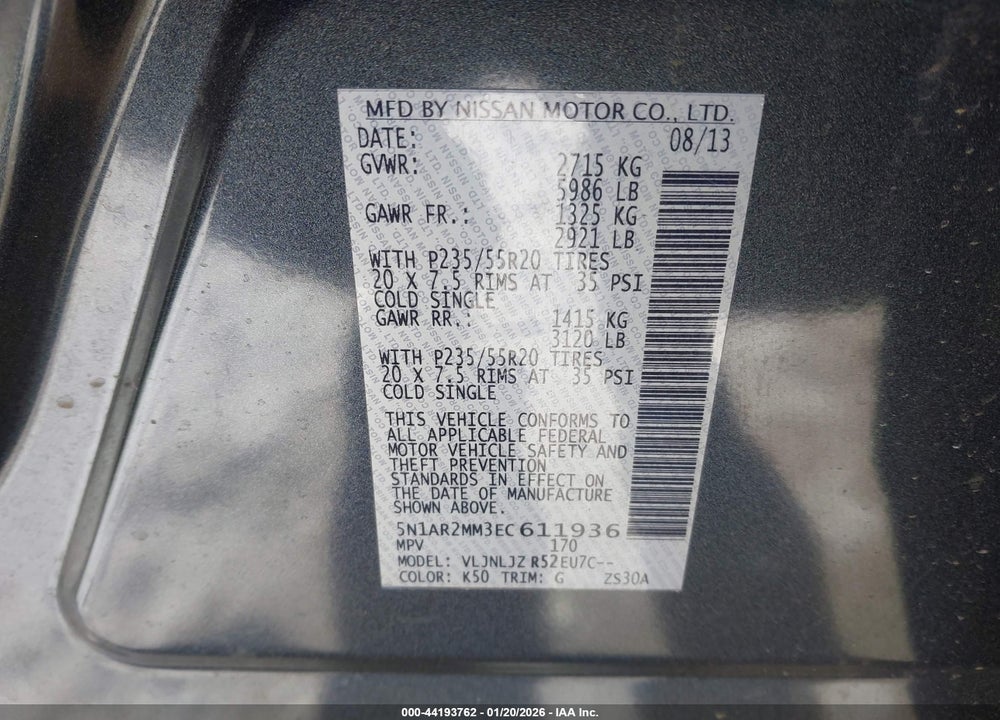 2014 NISSAN PATHFINDER PLATINUM VIN: 5N1AR2MM3EC611936