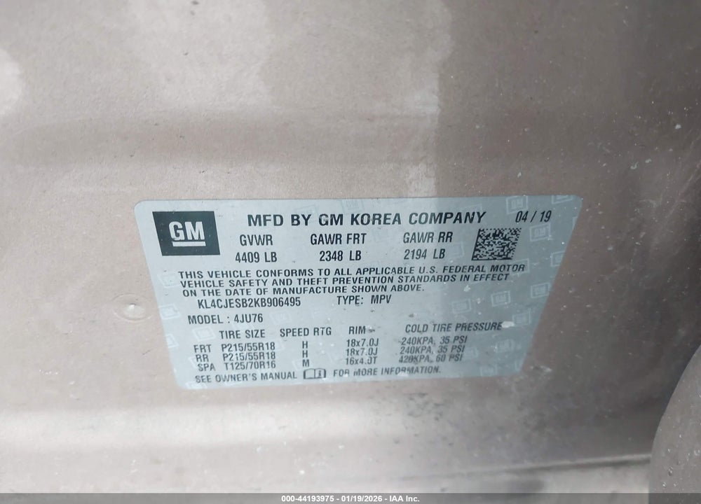 2019 BUICK ENCORE AWD PREFERRED VIN: KL4CJESB2KB906495
