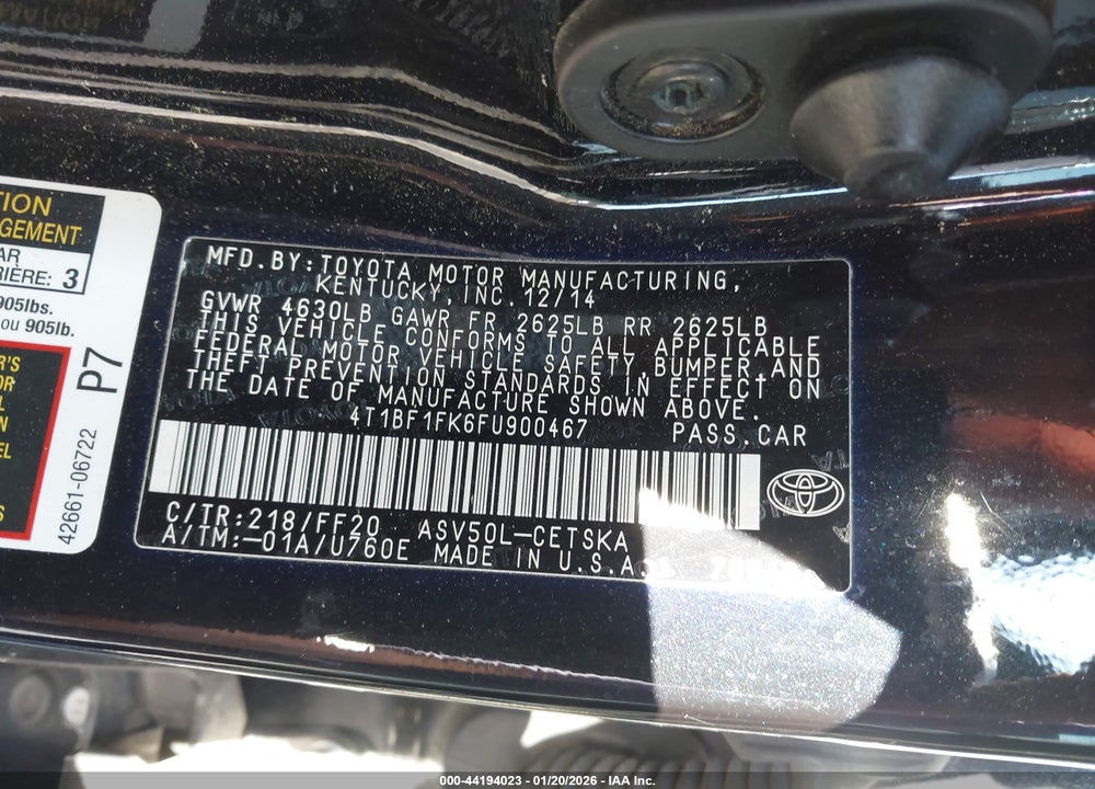 2015 TOYOTA CAMRY SE VIN: 4T1BF1FK6FU900467