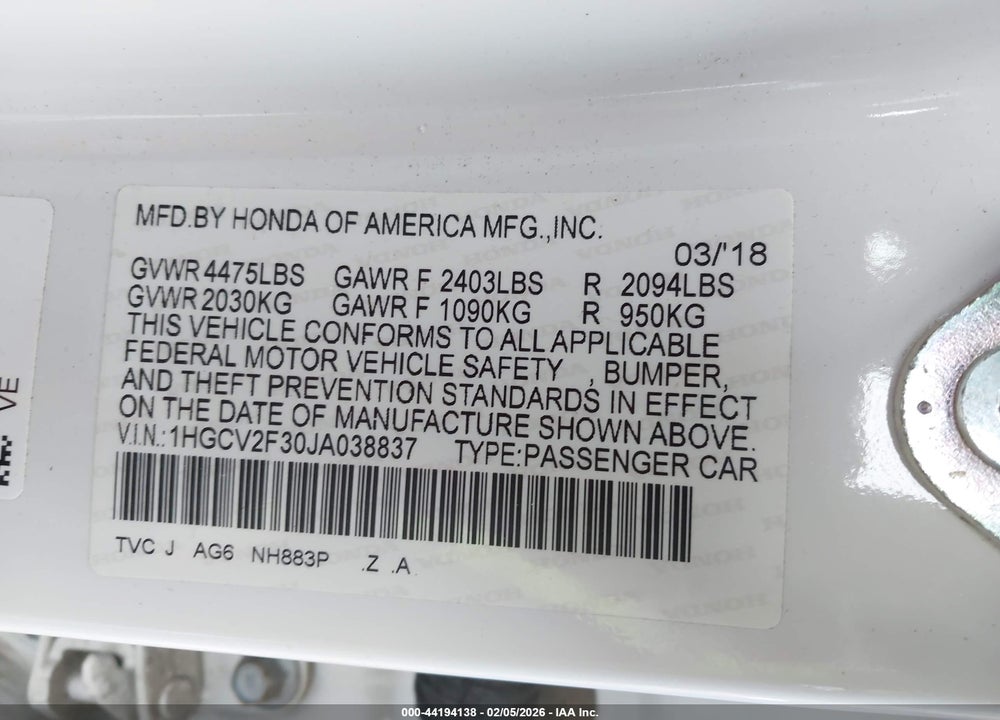 2018 HONDA ACCORD SPORT 2.0T VIN: 1HGCV2F30JA038837