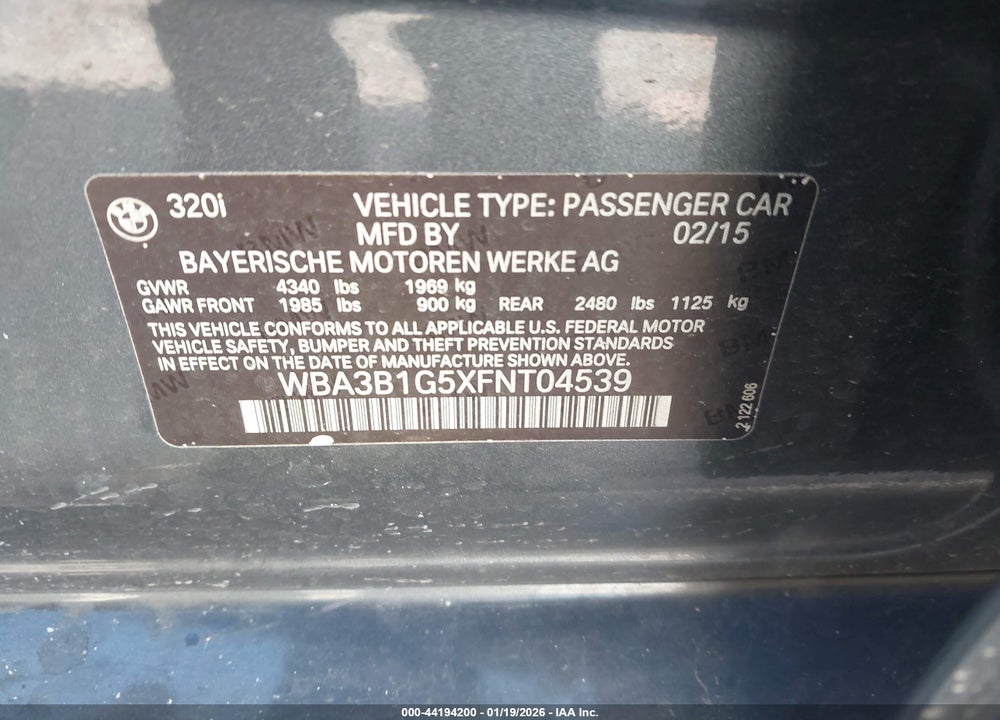 2015 BMW 320I VIN: WBA3B1G5XFNT04539