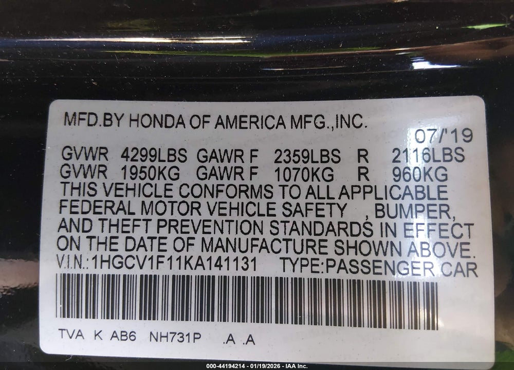 2019 HONDA ACCORD LX VIN: 1HGCV1F11KA141131