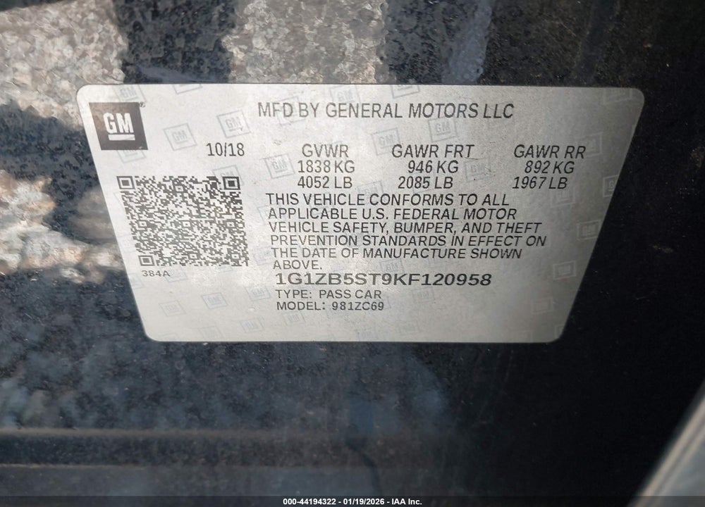 2019 CHEVROLET MALIBU 1LS VIN: 1G1ZB5ST9KF120958