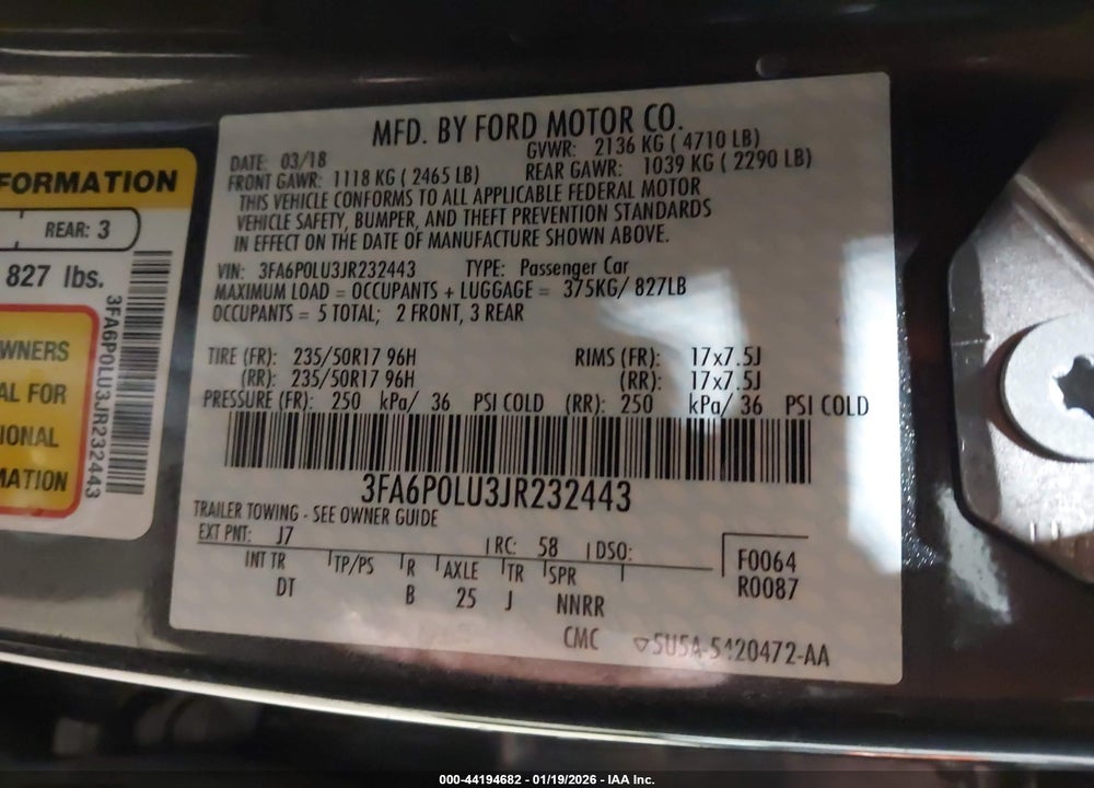 2018 FORD FUSION HYBRID SE VIN: 3FA6P0LU3JR232443