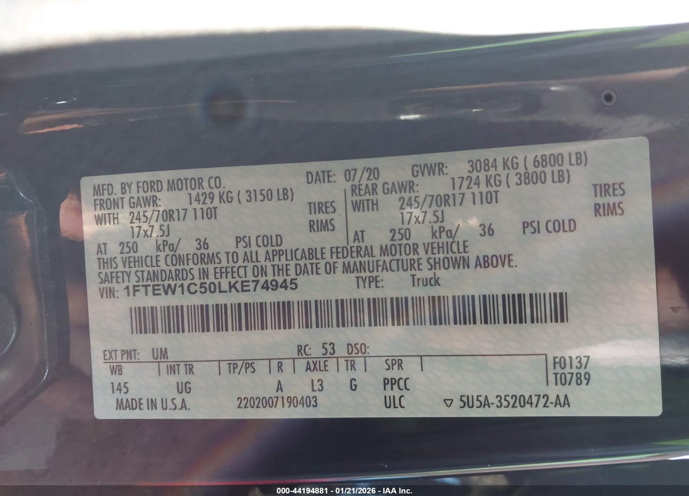 2020 FORD F-150 XLT VIN: 1FTEW1C50LKE74945