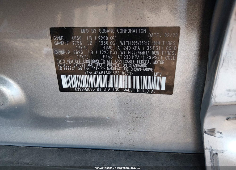 2023 SUBARU OUTBACK PREMIUM VIN: 4S4BTADC5P3180512