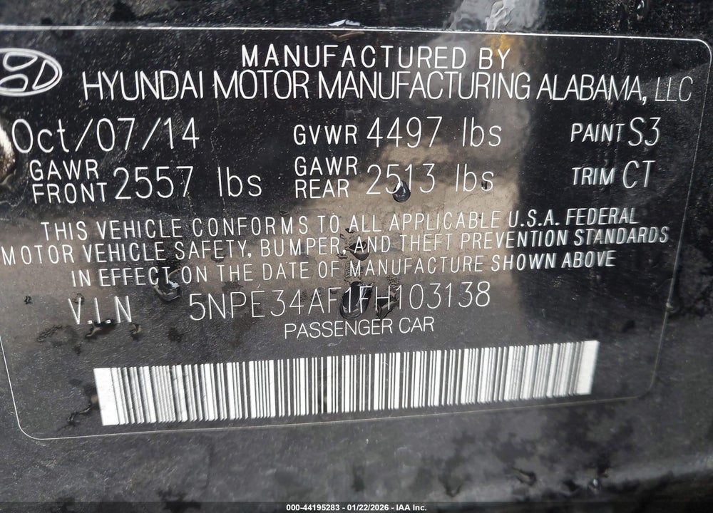 2015 HYUNDAI SONATA LIMITED VIN: 5NPE34AF1FH103138
