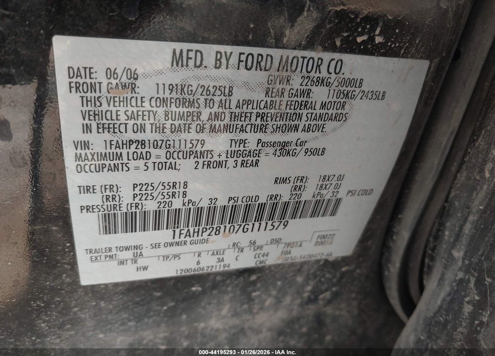 2007 FORD FIVE HUNDRED LIMITED VIN: 1FAHP28107G111579