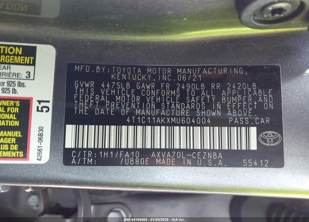 2021 TOYOTA CAMRY LE VIN: 4T1C11AKXMU604004