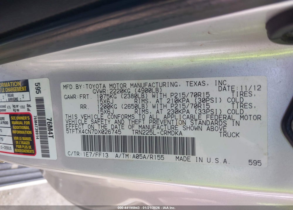 2013 TOYOTA TACOMA VIN: 5TFTX4CN7DX026745