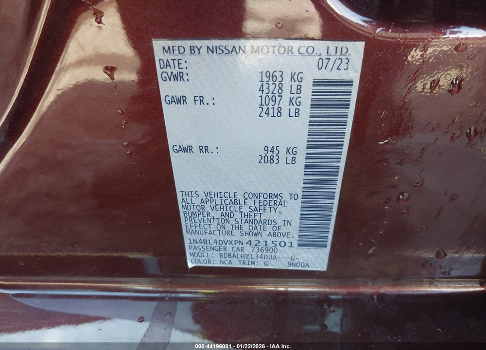 2023 NISSAN ALTIMA SV FWD VIN: 1N4BL4DVXPN421501