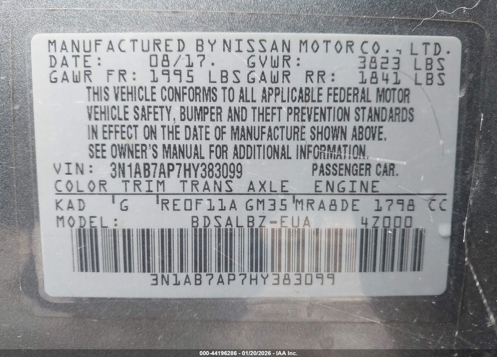 2017 NISSAN SENTRA S VIN: 3N1AB7AP7HY383099
