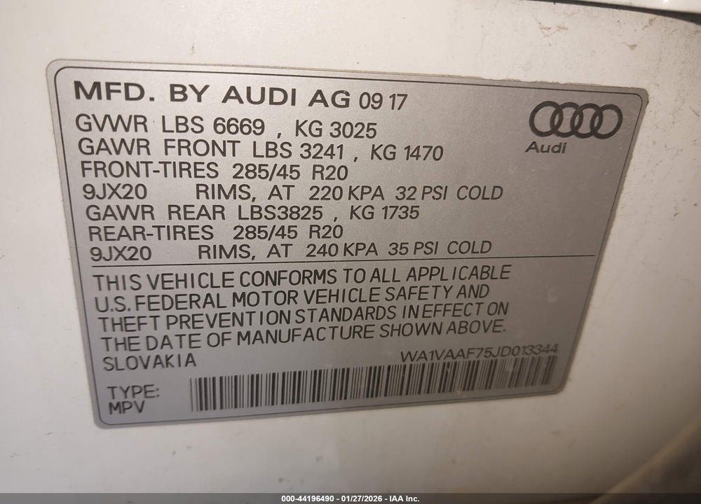 2018 AUDI Q7 3.0T PREMIUM VIN: WA1VAAF75JD013344