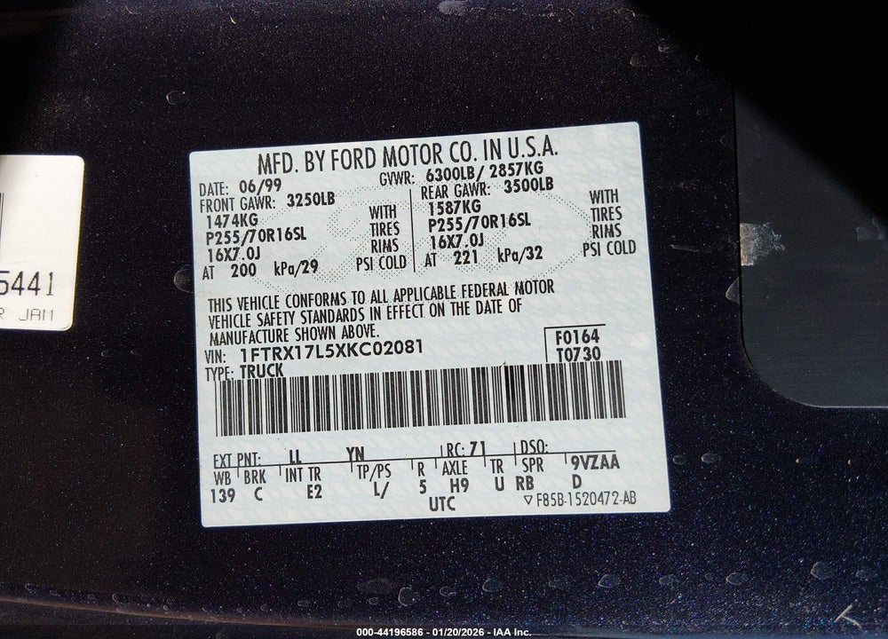 1999 FORD F-150 LARIAT/XL/XLT VIN: 1FTRX17L5XKC02081