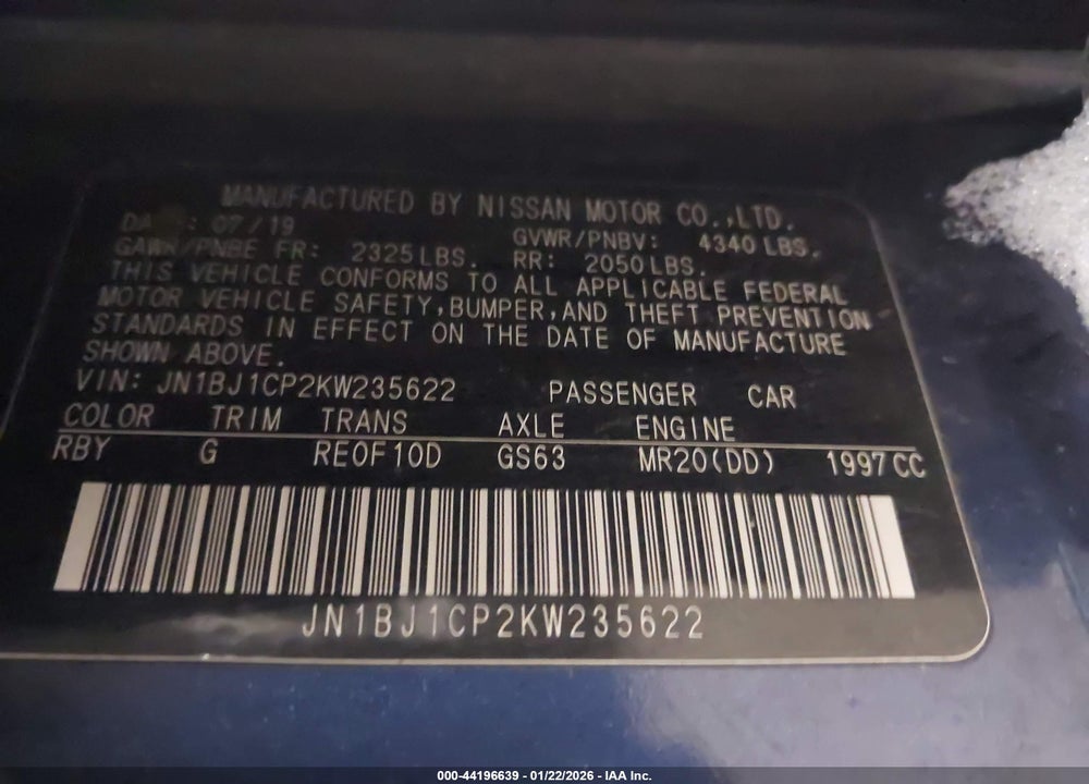 2019 NISSAN ROGUE SPORT S VIN: JN1BJ1CP2KW235622