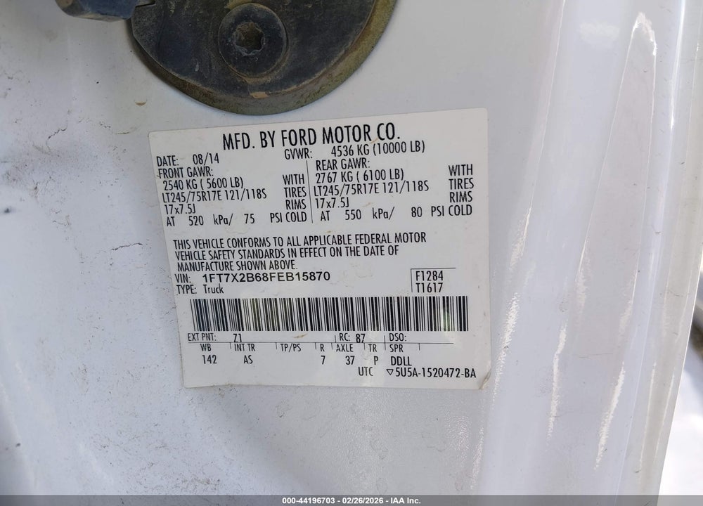 2015 FORD F-250 XL VIN: 1FT7X2B68FEB15870
