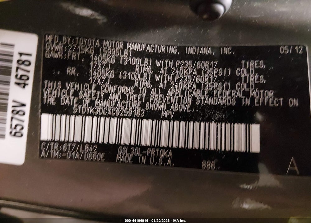 2012 TOYOTA SIENNA XLE V6 8 PASSENGER VIN: 5TDYK3DCXCS259163