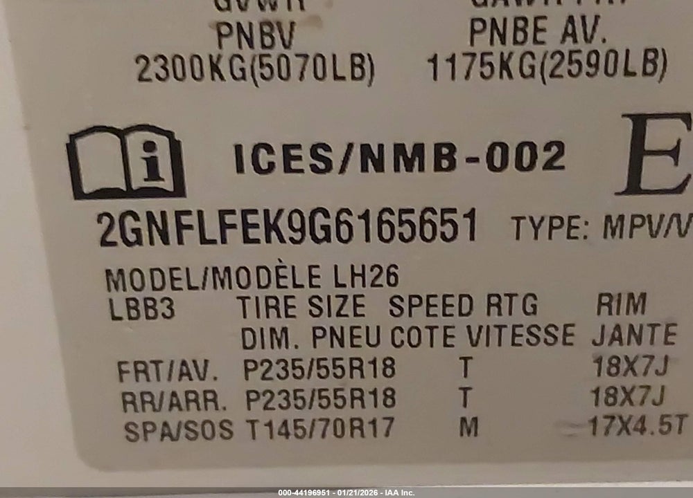2016 CHEVROLET EQUINOX 1LT VIN: 2GNFLFEK9G6165651