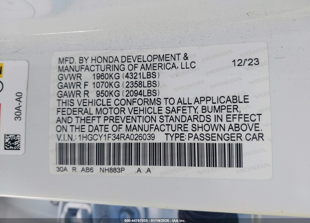 2024 HONDA ACCORD EX VIN: 1HGCY1F34RA026039