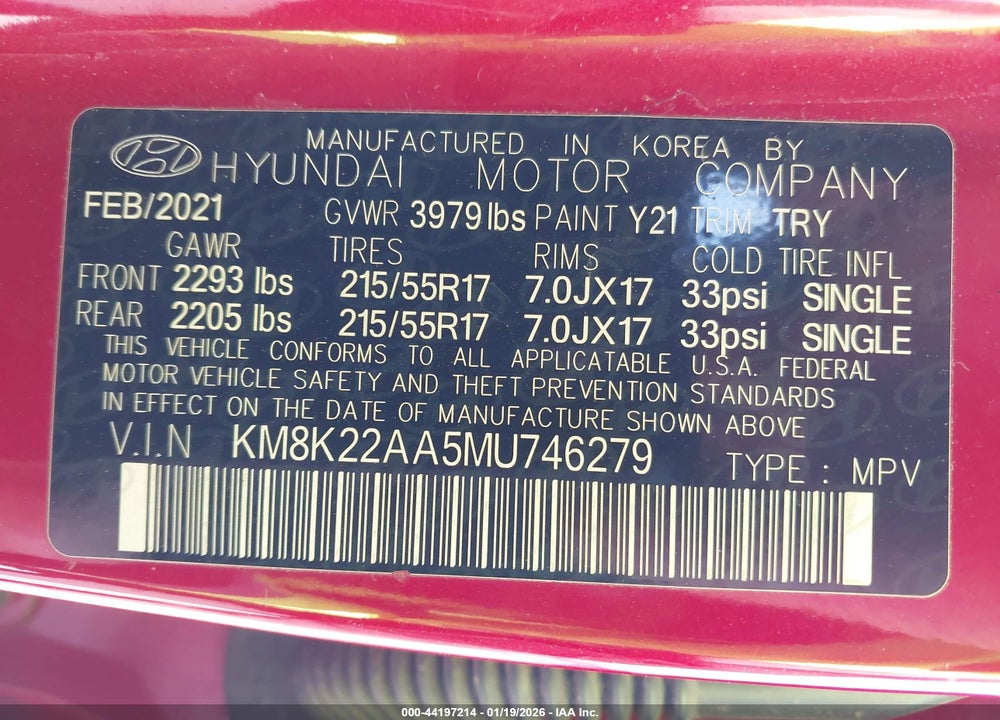 2021 HYUNDAI KONA SEL VIN: KM8K22AA5MU746279