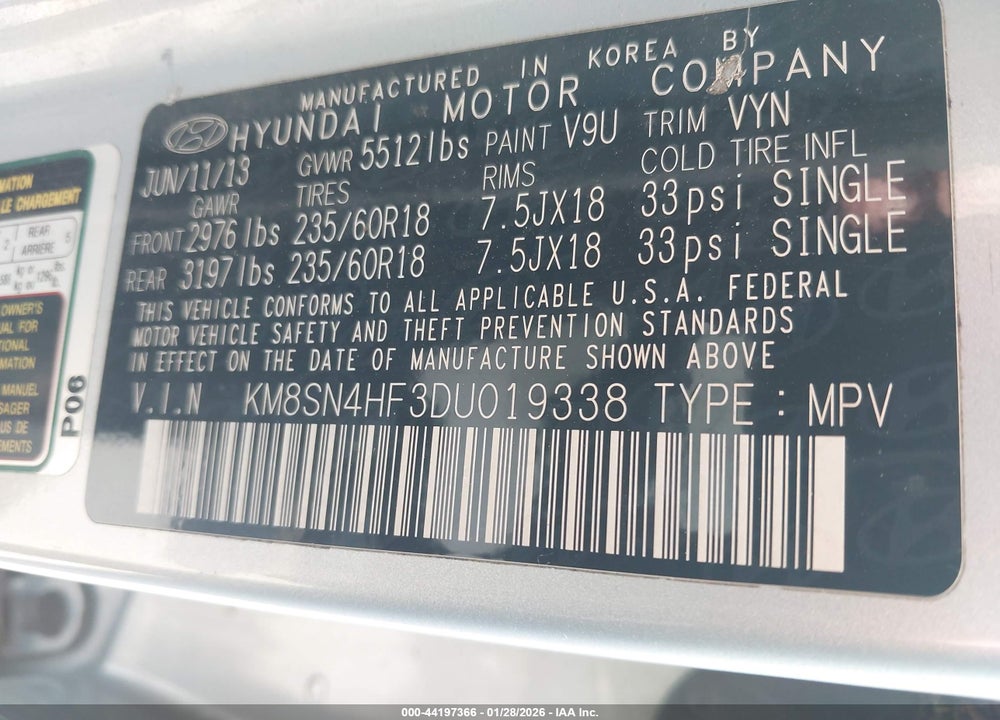 2013 HYUNDAI SANTA FE GLS VIN: KM8SN4HF3DU019338