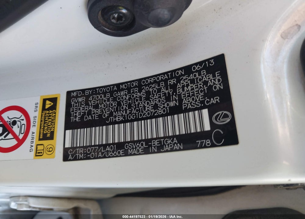 2013 LEXUS ES 350 VIN: JTHBK1GG1D2072801