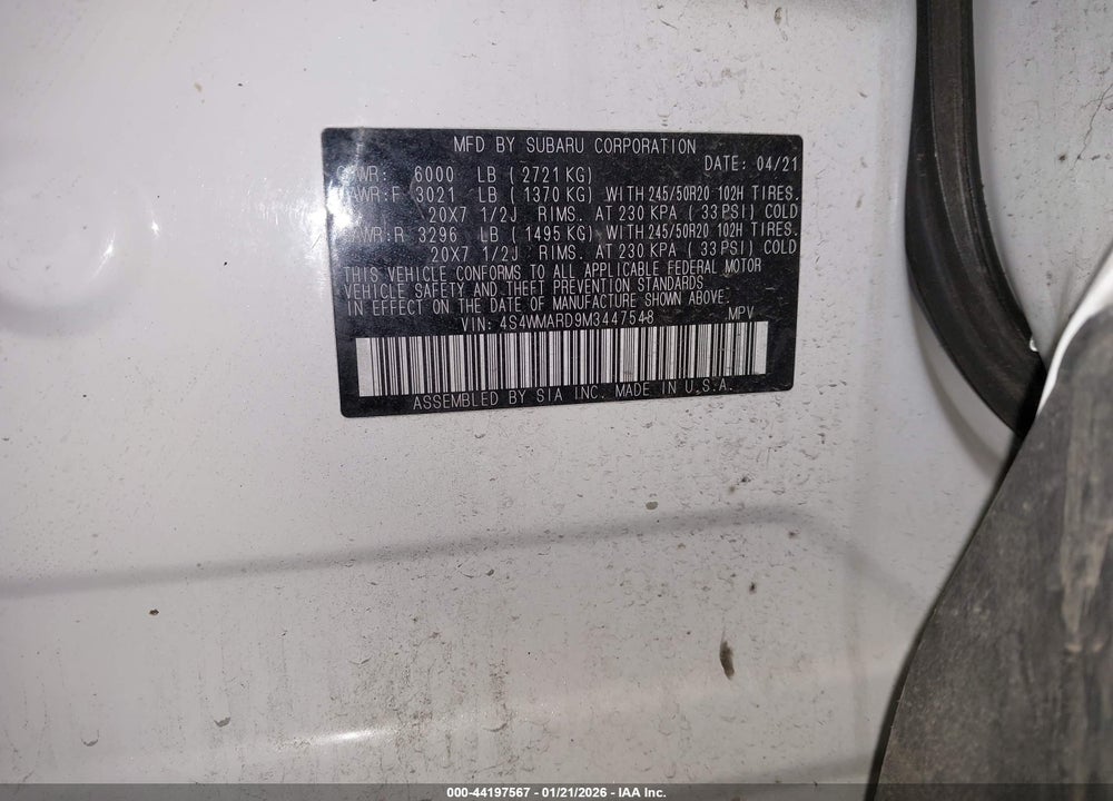 2021 SUBARU ASCENT TOURING VIN: 4S4WMARD9M3447548