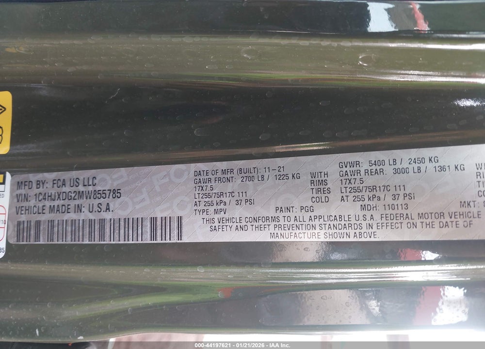 2021 JEEP WRANGLER UNLIMITED WILLYS 4X4 VIN: 1C4HJXDG2MW855785