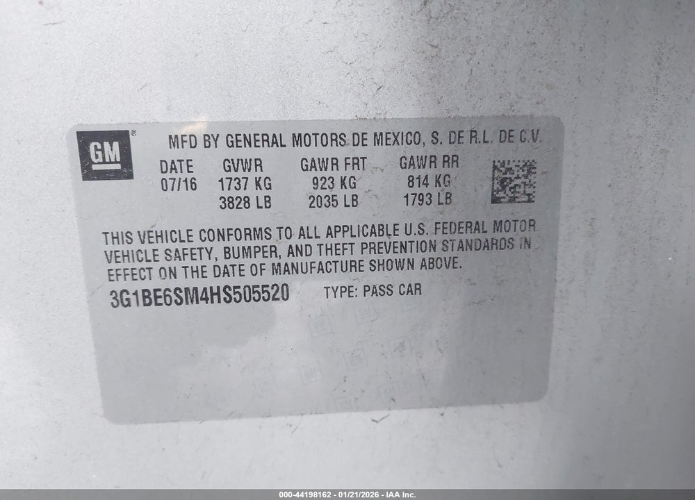 2017 CHEVROLET CRUZE LT AUTO VIN: 3G1BE6SM4HS505520