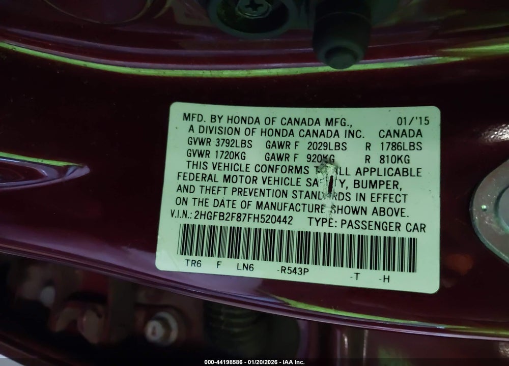 2015 HONDA CIVIC EX VIN: 2HGFB2F87FH520442