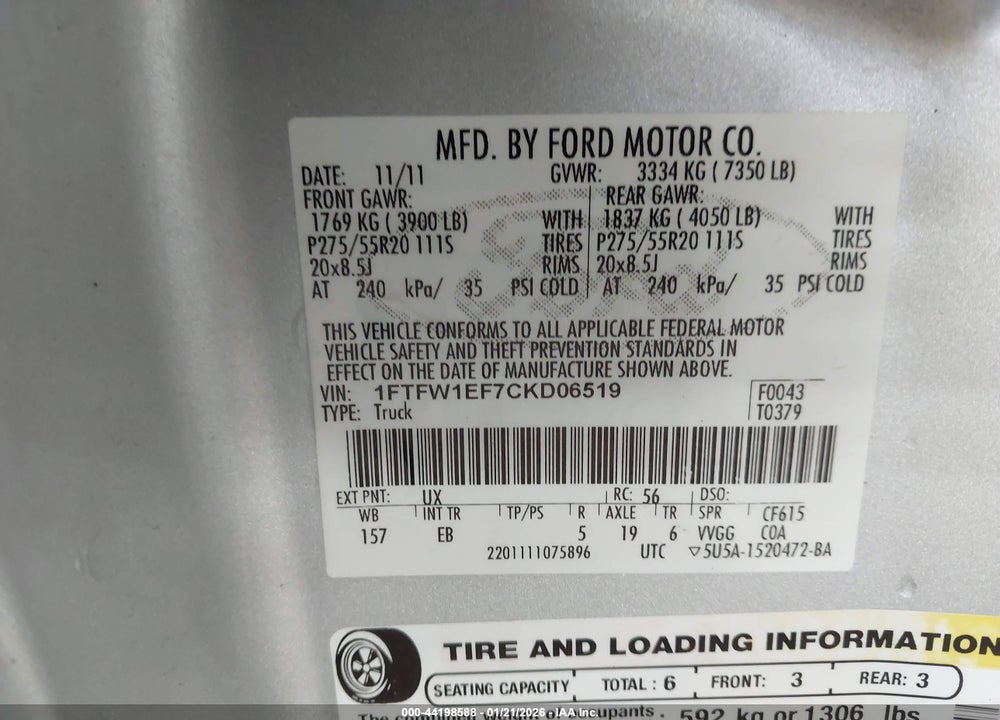 2012 FORD F-150 LARIAT VIN: 1FTFW1EF7CKD06519