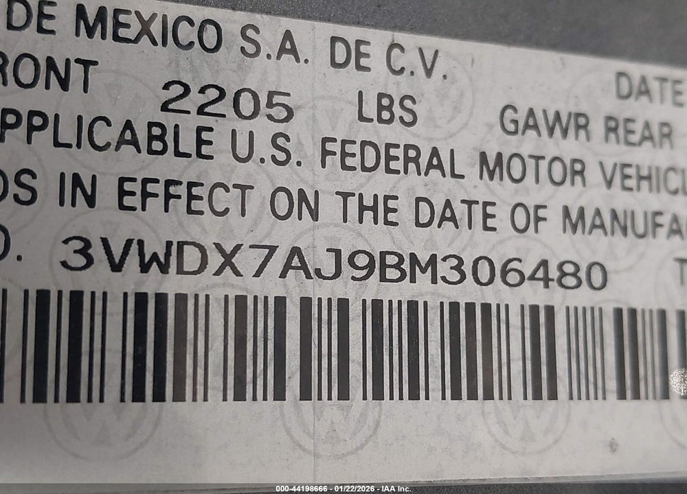 2011 VOLKSWAGEN JETTA 2.5L SE VIN: 3VWDX7AJ9BM306480
