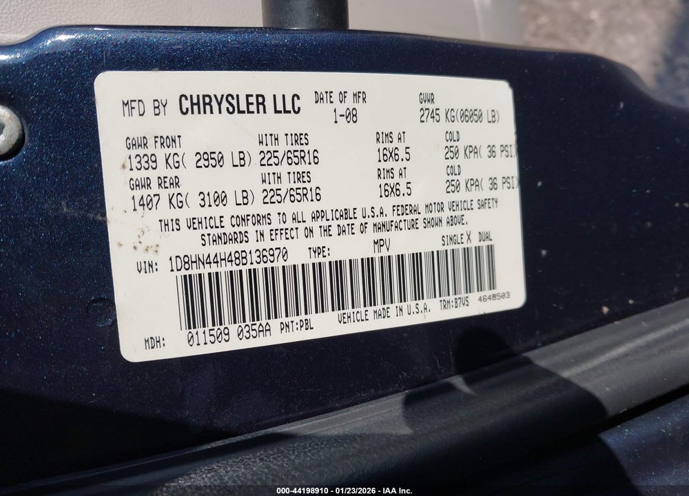 2008 DODGE GRAND CARAVAN SE VIN: 1D8HN44H48B136970