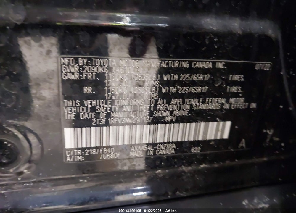 2022 TOYOTA RAV4 LE VIN: 2T3F1RFV3NW290137