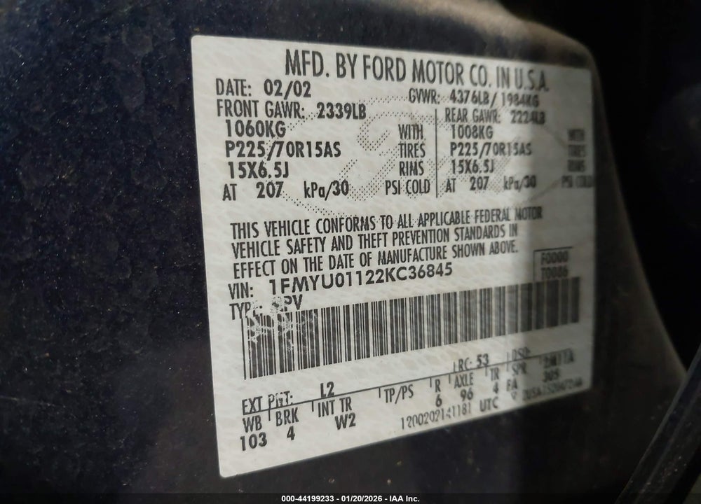 2002 FORD ESCAPE XLS VIN: 1FMYU01122KC36845